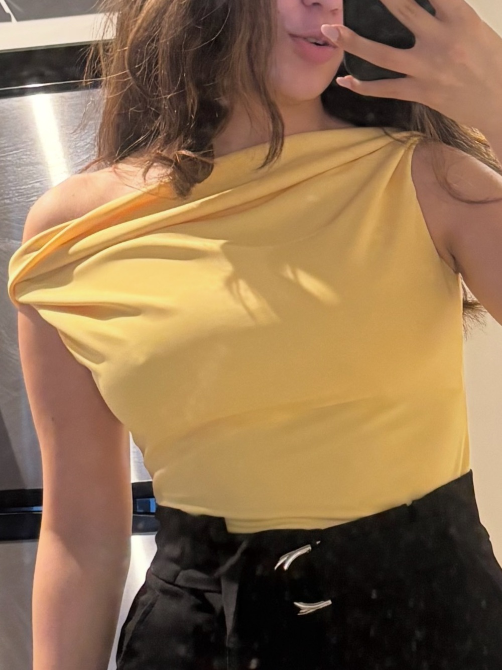 Ralph Lauren Golden Yellow One-Shoulder, Off the Shoulder, AsymmetricaDraped Top
